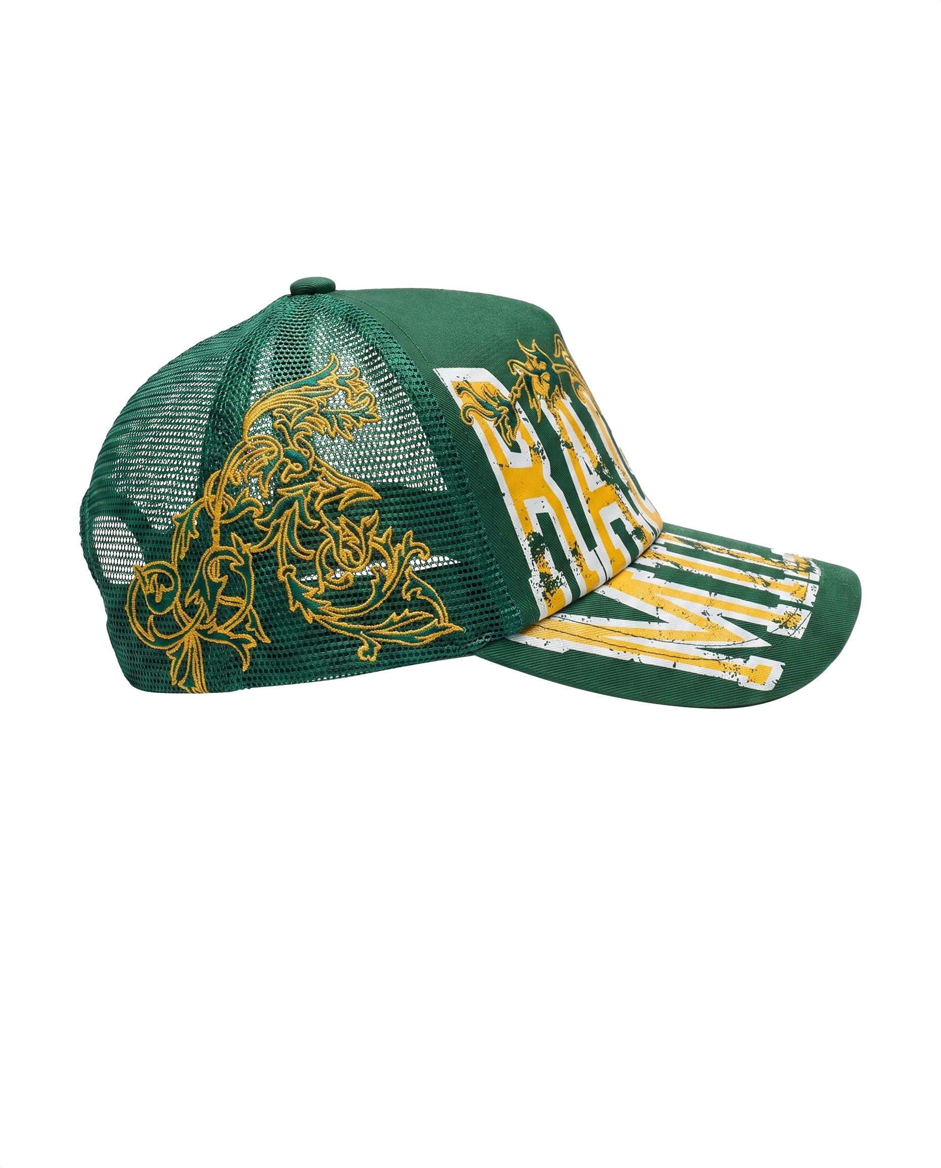 Trucker cap verde RAGAZI MILANO - vista laterale con ricami barocchi dorati