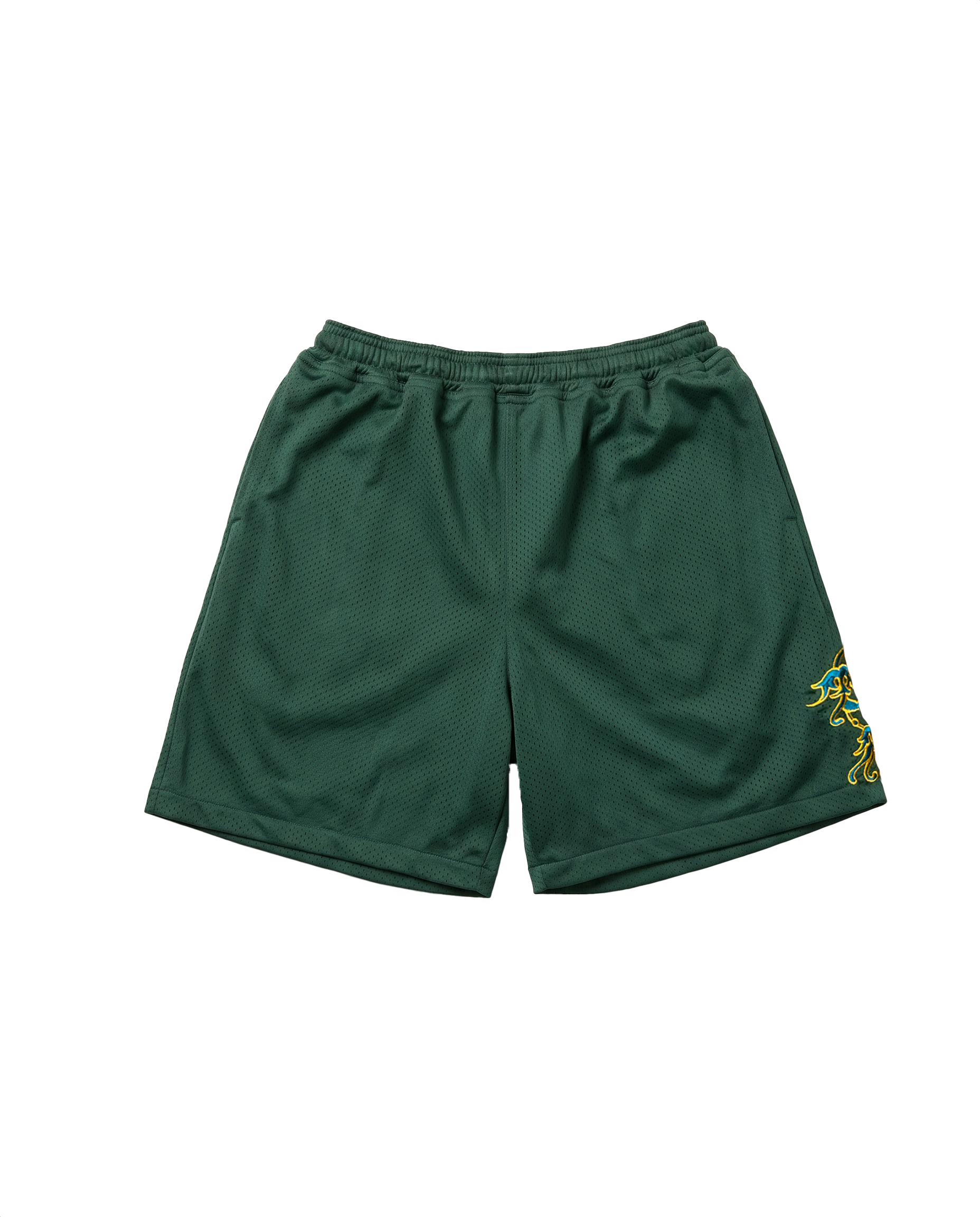 Mesh shorts verdi RAGAZI MILANO - vista frontale con ricamo barocco multicolor