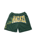 Mesh shorts verdi RAGAZI MILANO - vista posteriore con stampa RAGAZI bianco e oro