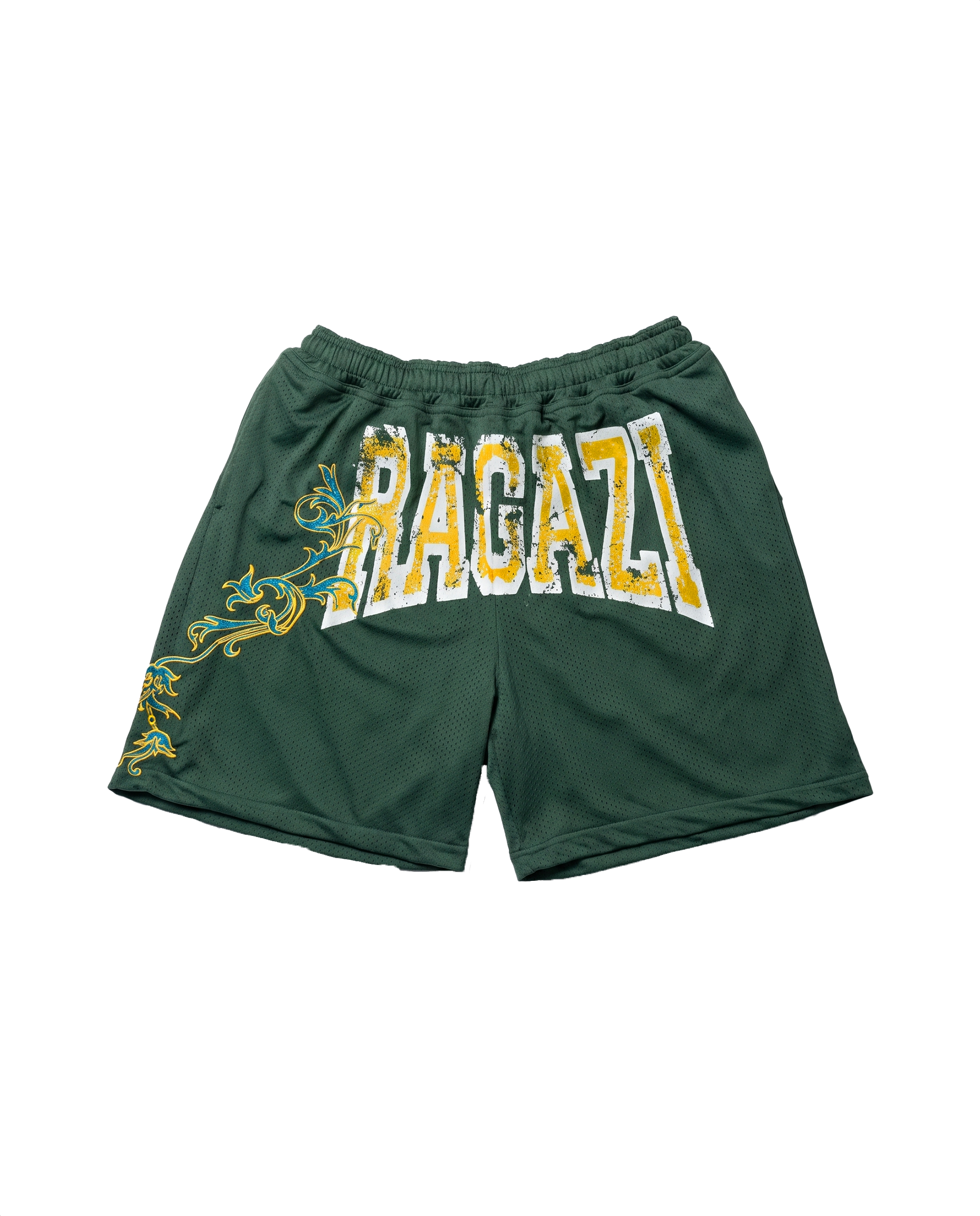 Mesh shorts verdi RAGAZI MILANO - vista posteriore con stampa RAGAZI bianco e oro
