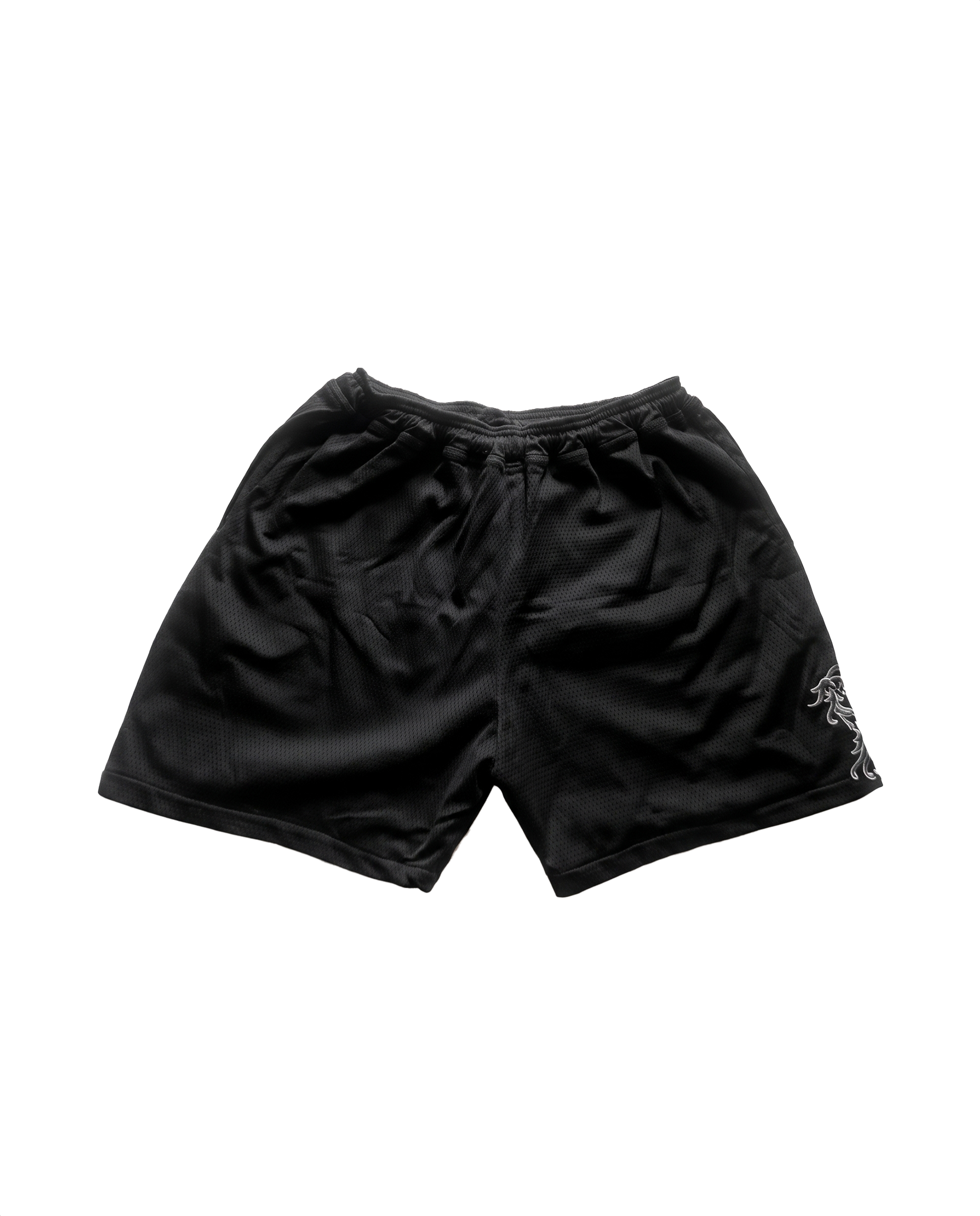 Mesh shorts neri RAGAZI MILANO - vista frontale con ricamo barocco