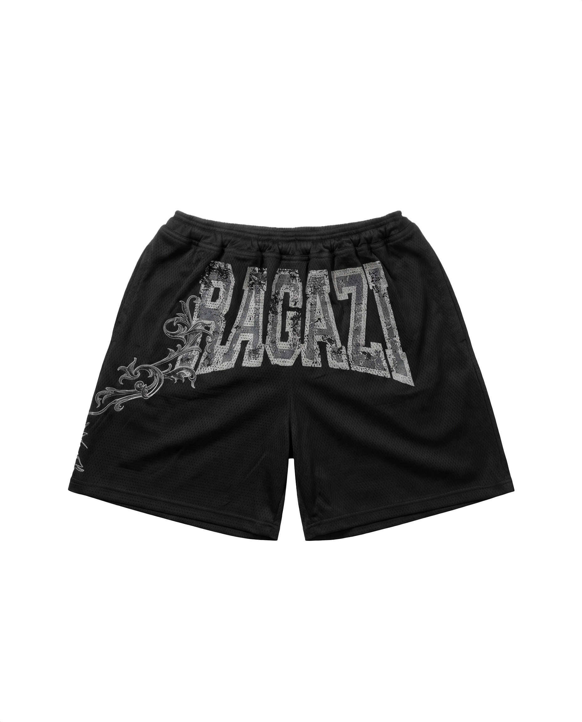 Mesh shorts neri RAGAZI MILANO - vista posteriore con stampa RAGAZI barocca